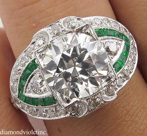 GIA 3.10CT ESTATE VINTAGE OLD EURO DIAMOND EMERALD ENGAGEMENT WEDDING RING PLAT