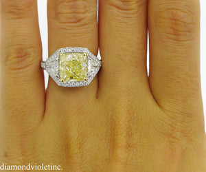 GIA 5.84CT ESTATE VINTAGE FANCY YELLOW CUSHION DIAMOND ENGAGEMENT WEDDING RING