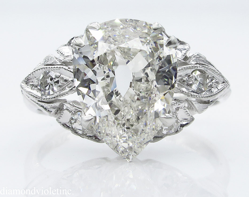 GIA 3.08CT ANTIQUE VINTAGE OLD MINE PEAR DIAMOND ENGAGEMENT WEDDING RING PLAT