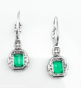 GIA 4.80CT ANTIQUE VINTAGE COLOMBIAN GREEN EMERALD DIAMOND DROP DANGLE EARRINGS