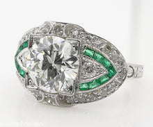 Load image into Gallery viewer, GIA 3.10CT ESTATE VINTAGE OLD EURO DIAMOND EMERALD ENGAGEMENT WEDDING RING PLAT