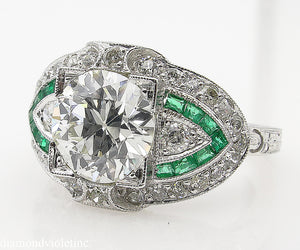 GIA 3.10CT ESTATE VINTAGE OLD EURO DIAMOND EMERALD ENGAGEMENT WEDDING RING PLAT