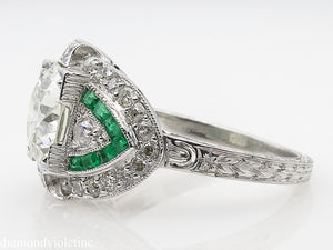 GIA 3.10CT ESTATE VINTAGE OLD EURO DIAMOND EMERALD ENGAGEMENT WEDDING RING PLAT