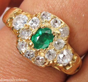 1.00CT ANTIQUE VINTAGE GREEN EMERALD DIAMOND ENGAGEMENT WEDDING CLUSTER RING 18K/Diamond Violet Company, Inc