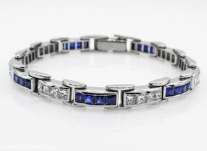 9.10CT ESTATE VINTAGE PRINCESS DIAMOND SAPPHIRE CHANNEL SET TENNIS BRACELET PLAT