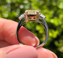 Load image into Gallery viewer, Reserved GIA 3.68ct Estate Vintage Fancy Yellow Radiant 3 Stone Engagement Wedding Platinum/ 18k Yellow Gold Ring