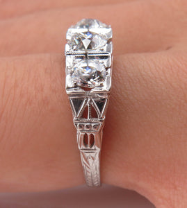 RESERVED... 1.40ct Antique Vintage Art Deco Old European Diamond Three Stone Engagement Wedding 14k White Gold Ring