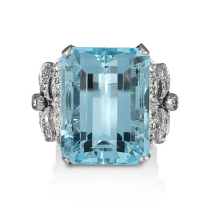 GIA 17.85ct Antique Vintage Art Deco Natural Aquamarine Diamond Fashion Right Hand Platinum Ring