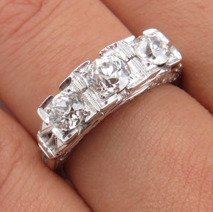 RESERVED... 1.40ct Antique Vintage Art Deco Old European Diamond Three Stone Engagement Wedding 14k White Gold Ring