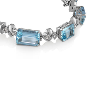 GIA 20.84ct Estate Vintage Retro Aquamarine and Diamond Tennis Bracelet Platinum