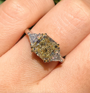 Reserved GIA 3.68ct Estate Vintage Fancy Yellow Radiant 3 Stone Engagement Wedding Platinum/ 18k Yellow Gold Ring