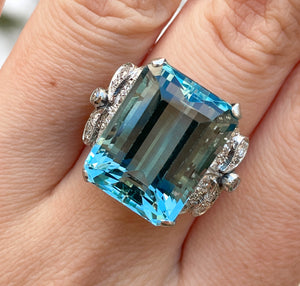 GIA 17.85ct Antique Vintage Art Deco Natural Aquamarine Diamond Fashion Right Hand Platinum Ring