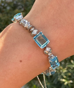 GIA 20.84ct Estate Vintage Retro Aquamarine and Diamond Tennis Bracelet Platinum