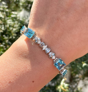 GIA 20.84ct Estate Vintage Retro Aquamarine and Diamond Tennis Bracelet Platinum