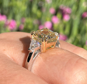 Reserved GIA 3.68ct Estate Vintage Fancy Yellow Radiant 3 Stone Engagement Wedding Platinum/ 18k Yellow Gold Ring