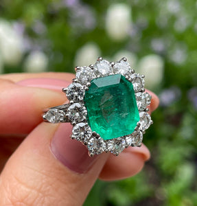 GIA 6.0ct Vintage Colombian Green Emerald Diamond Cluster Engagement Wedding 18k White Gold Ring