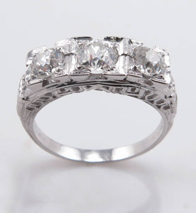 RESERVED... 1.40ct Antique Vintage Art Deco Old European Diamond Three Stone Engagement Wedding 14k White Gold Ring