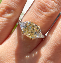 Load image into Gallery viewer, Reserved GIA 3.68ct Estate Vintage Fancy Yellow Radiant 3 Stone Engagement Wedding Platinum/ 18k Yellow Gold Ring