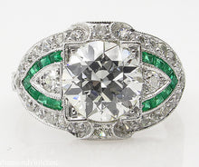 Load image into Gallery viewer, GIA 3.10CT ESTATE VINTAGE OLD EURO DIAMOND EMERALD ENGAGEMENT WEDDING RING PLAT