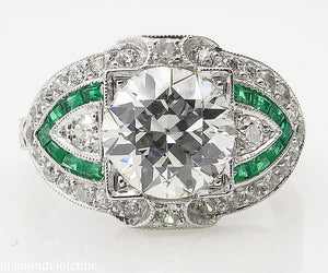 GIA 3.10CT ESTATE VINTAGE OLD EURO DIAMOND EMERALD ENGAGEMENT WEDDING RING PLAT