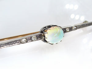 2.48ct Antique Vintage Edwardian Opal and Rose cut Diamond Silver Brooch Bar-Pin