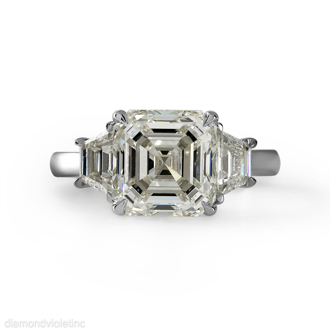 GIA Shy 5 ct Estate Vintage Asscher Diamond 3 Stone Enagagement Wedding Platinum Ring 