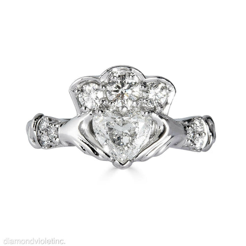 GIA 1.43ct Estate Vintage Heart Diamond Claddagh Engagement Wedding Platinum Ring