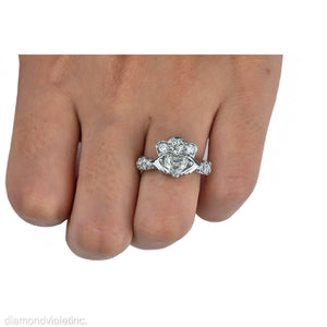 GIA 1.43ct Estate Vintage Heart Diamond Claddagh Engagement Wedding Platinum Ring