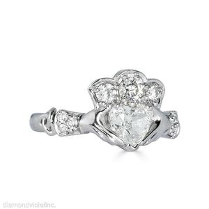 GIA 1.43ct Estate Vintage Heart Diamond Claddagh Engagement Wedding Platinum Ring