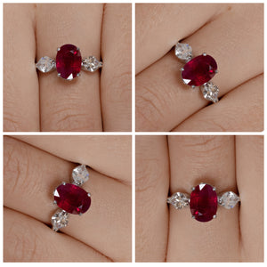 GIA 4.02ct Estate Vintage BURMA Red Ruby Diamond 3 Stone Engagement Wedding White Gold Ring 