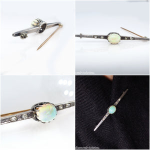 2.48ct Antique Vintage Edwardian Opal and Rose cut Diamond Silver Brooch Bar-Pin