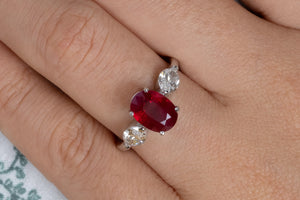 GIA 4.02ct Estate Vintage BURMA Red Ruby Diamond 3 Stone Engagement Wedding White Gold Ring 