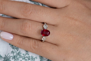 GIA 4.02ct Estate Vintage BURMA Red Ruby Diamond 3 Stone Engagement Wedding White Gold Ring 