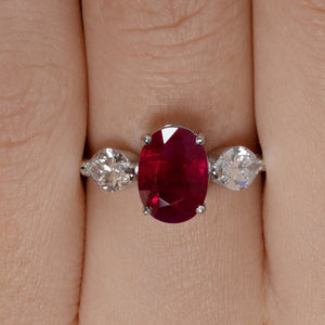 GIA 4.02ct Estate Vintage BURMA Red Ruby Diamond 3 Stone Engagement Wedding White Gold Ring 