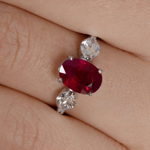 GIA 4.02ct Estate Vintage BURMA Red Ruby Diamond 3 Stone Engagement Wedding White Gold Ring 