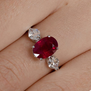 GIA 4.02ct Estate Vintage BURMA Red Ruby Diamond 3 Stone Engagement Wedding White Gold Ring 