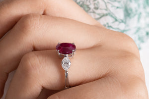 GIA 4.02ct Estate Vintage BURMA Red Ruby Diamond 3 Stone Engagement Wedding White Gold Ring 