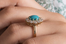 Load image into Gallery viewer, RESERVED.... GIA 3.60ct Authentic Antique Victorian Turquoise Diamond Cluster Cocktail 18k Yellow Gold Ring