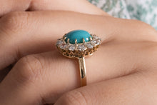 Load image into Gallery viewer, RESERVED.... GIA 3.60ct Authentic Antique Victorian Turquoise Diamond Cluster Cocktail 18k Yellow Gold Ring