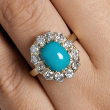 Load image into Gallery viewer, RESERVED.... GIA 3.60ct Authentic Antique Victorian Turquoise Diamond Cluster Cocktail 18k Yellow Gold Ring