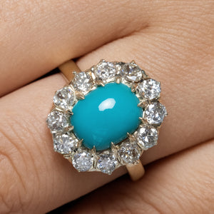 RESERVED.... GIA 3.60ct Authentic Antique Victorian Turquoise Diamond Cluster Cocktail 18k Yellow Gold Ring