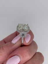 Load image into Gallery viewer, Reserved GIA 7.58ctw Estate Radiant Cut &amp; Trapezoids  Diamond Engagement Halo 18kWG Ring