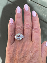 Load image into Gallery viewer, Reserved GIA 7.58ctw Estate Radiant Cut &amp; Trapezoids  Diamond Engagement Halo 18kWG Ring