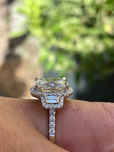 Reserved GIA 7.58ctw Estate Radiant Cut & Trapezoids  Diamond Engagement Halo 18kWG Ring