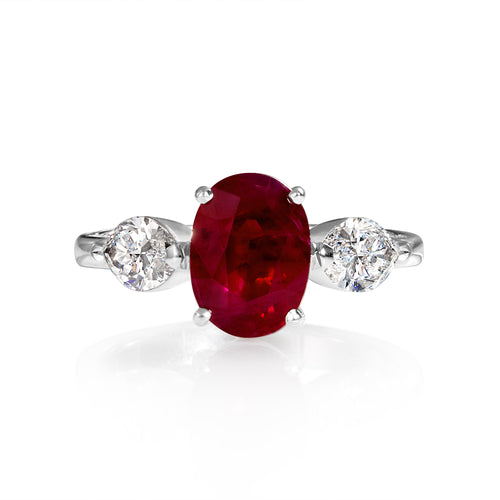 GIA 4.02ct Estate Vintage BURMA Red Ruby Diamond 3 Stone Engagement Wedding White Gold Ring 