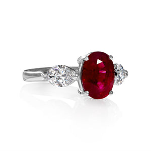 GIA 4.02ct Estate Vintage BURMA Red Ruby Diamond 3 Stone Engagement Wedding White Gold Ring 