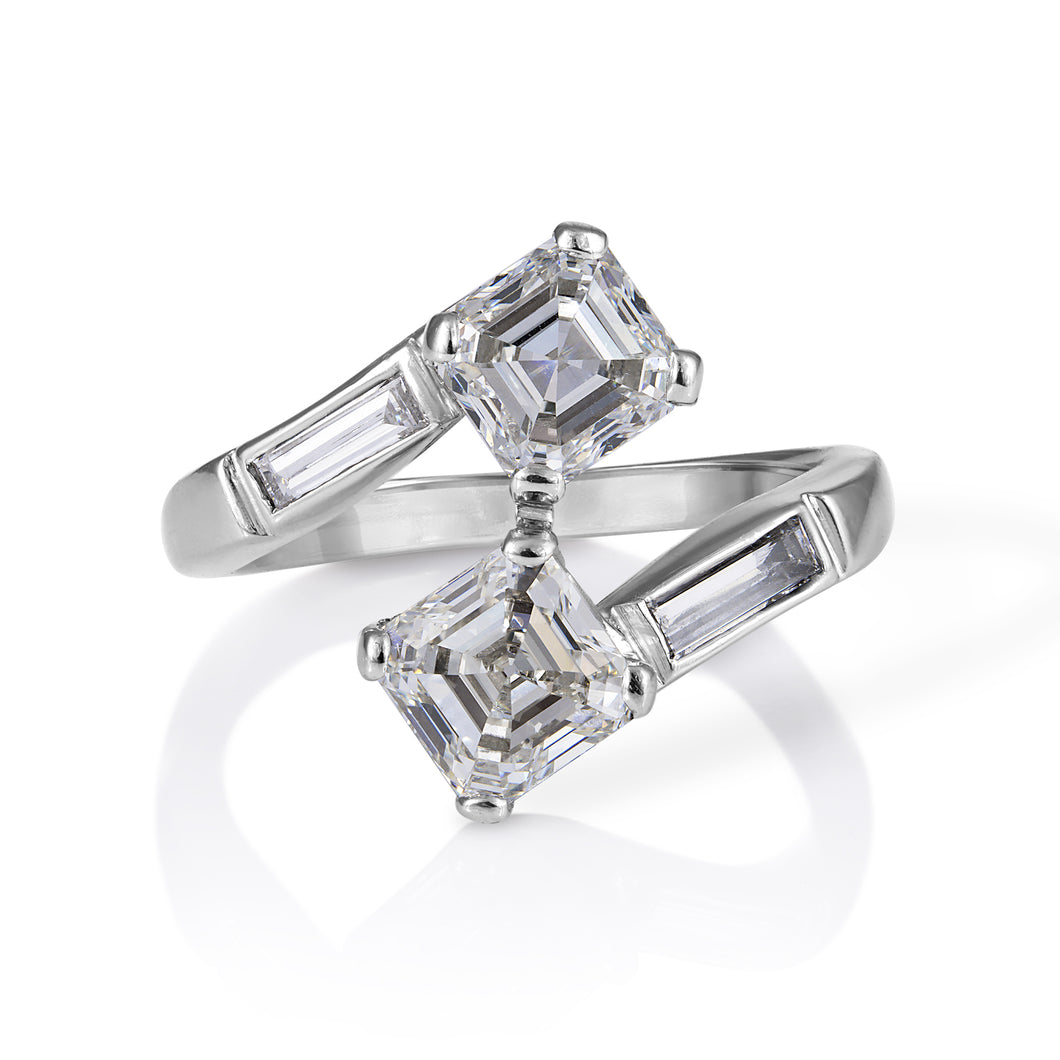 GIA 2.37ct Antique Vintage Art Deco Asscher Diamond “Toi et Moi” Crossover Platinum Ring