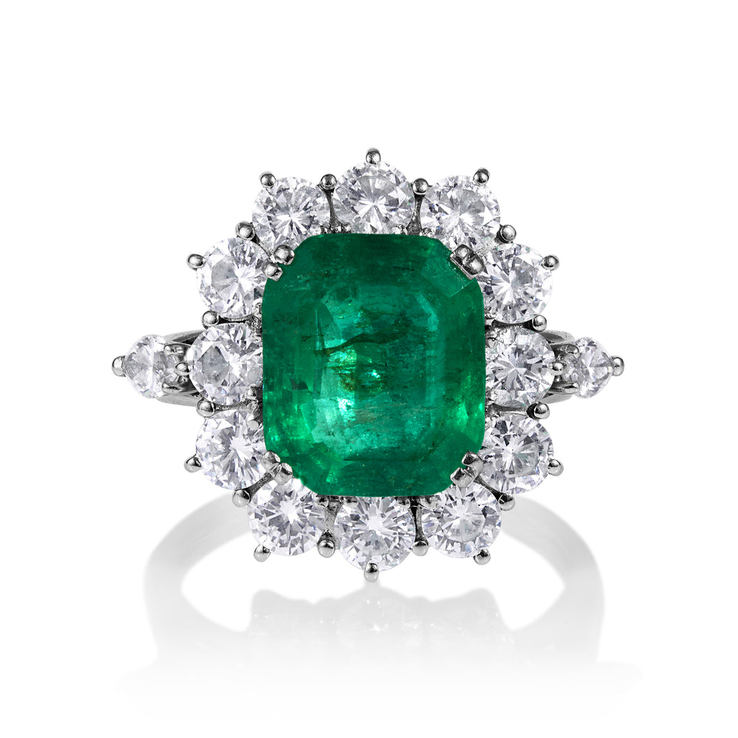 GIA 6.0ct Vintage Colombian Green Emerald Diamond Cluster Engagement Wedding 18k White Gold Ring