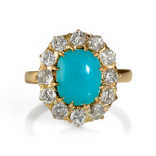 Load image into Gallery viewer, RESERVED.... GIA 3.60ct Authentic Antique Victorian Turquoise Diamond Cluster Cocktail 18k Yellow Gold Ring