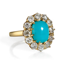 Load image into Gallery viewer, RESERVED.... GIA 3.60ct Authentic Antique Victorian Turquoise Diamond Cluster Cocktail 18k Yellow Gold Ring